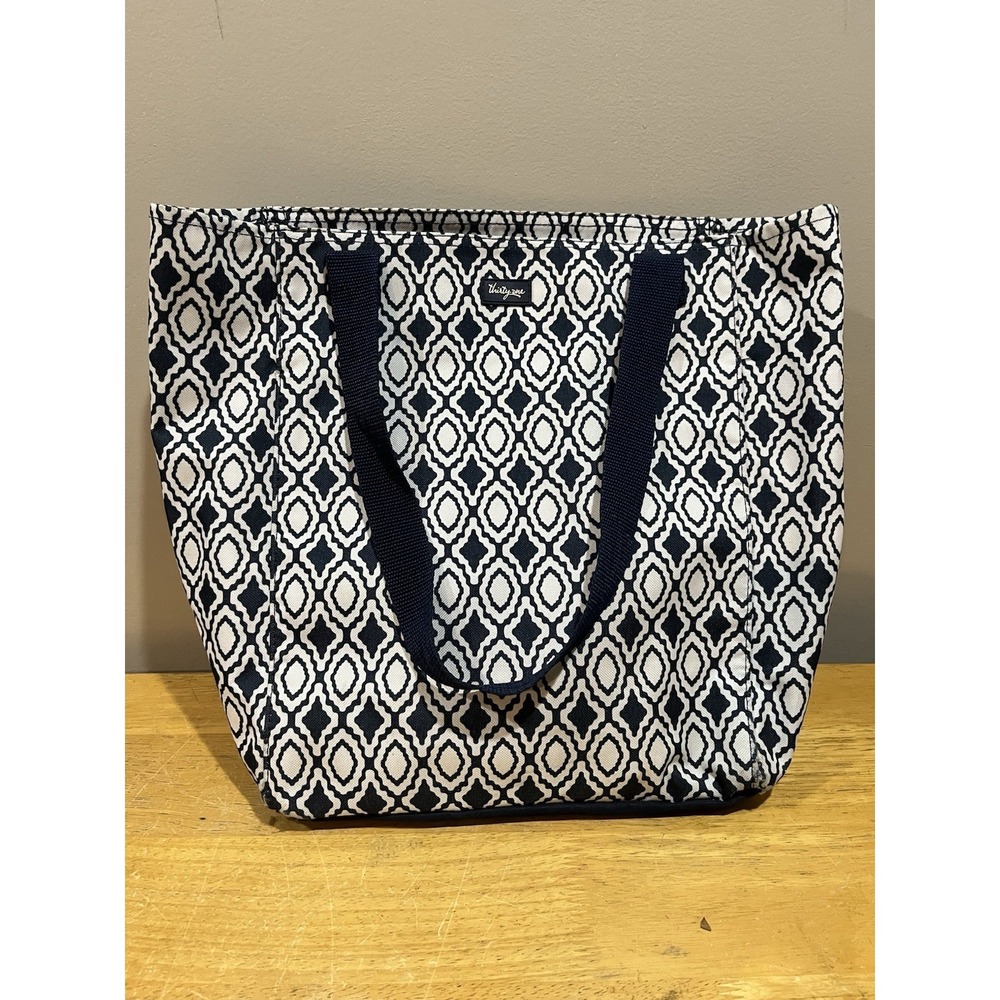 Thirty-One Medium Tote Bag Navy Medallion Design Zip Shoulder Bag Double Handles
